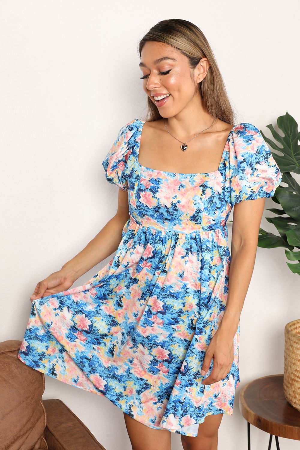 Double Take Floral Square Neck Puff Sleeve Dress Trendsi