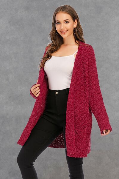 Pocketed Open Front Long Sleeve Cardigan Trendsi