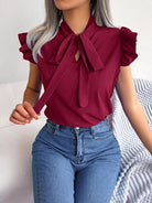 Tie  Neck Cap Sleeve Blouse Trendsi