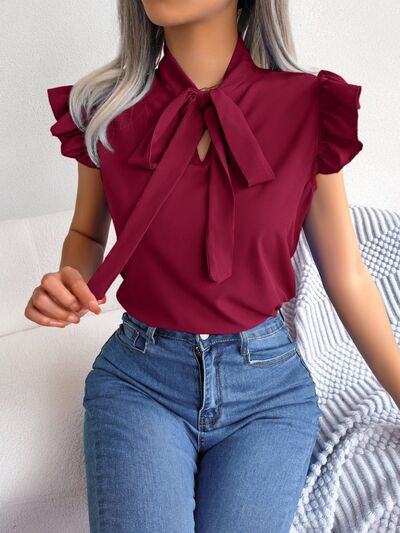 Tie  Neck Cap Sleeve Blouse Trendsi