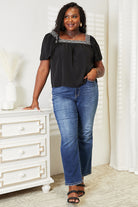 Double Take Contrast Square Neck Puff Sleeve Blouse Trendsi