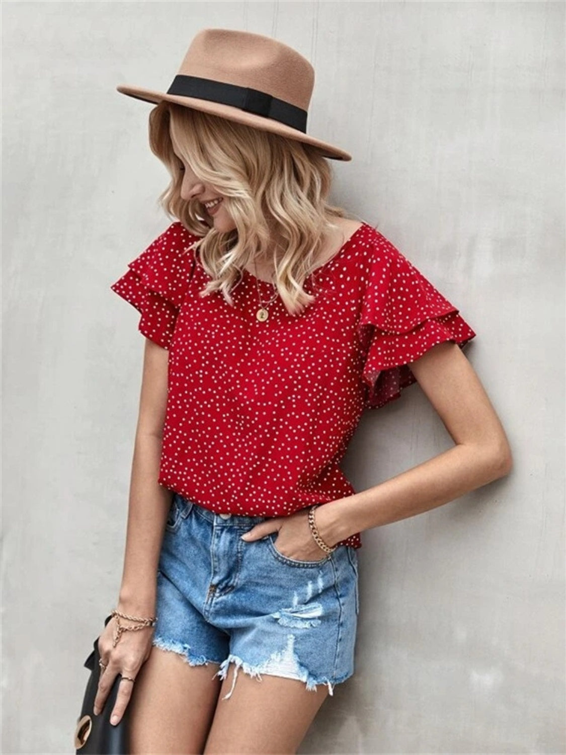 Ruffled Polka Dot Round Neck Short Sleeve Blouse Trendsi