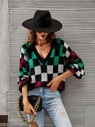 Checkered V-Neck Lantern Sleeve Sweater Trendsi