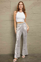 Double Take Sequin High Waist Flared Pants Trendsi