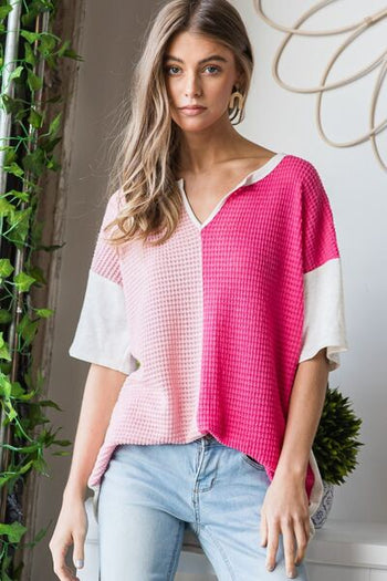 Heimish Full Size Contrast Waffle-Knit Half Sleeve Blouse Trendsi