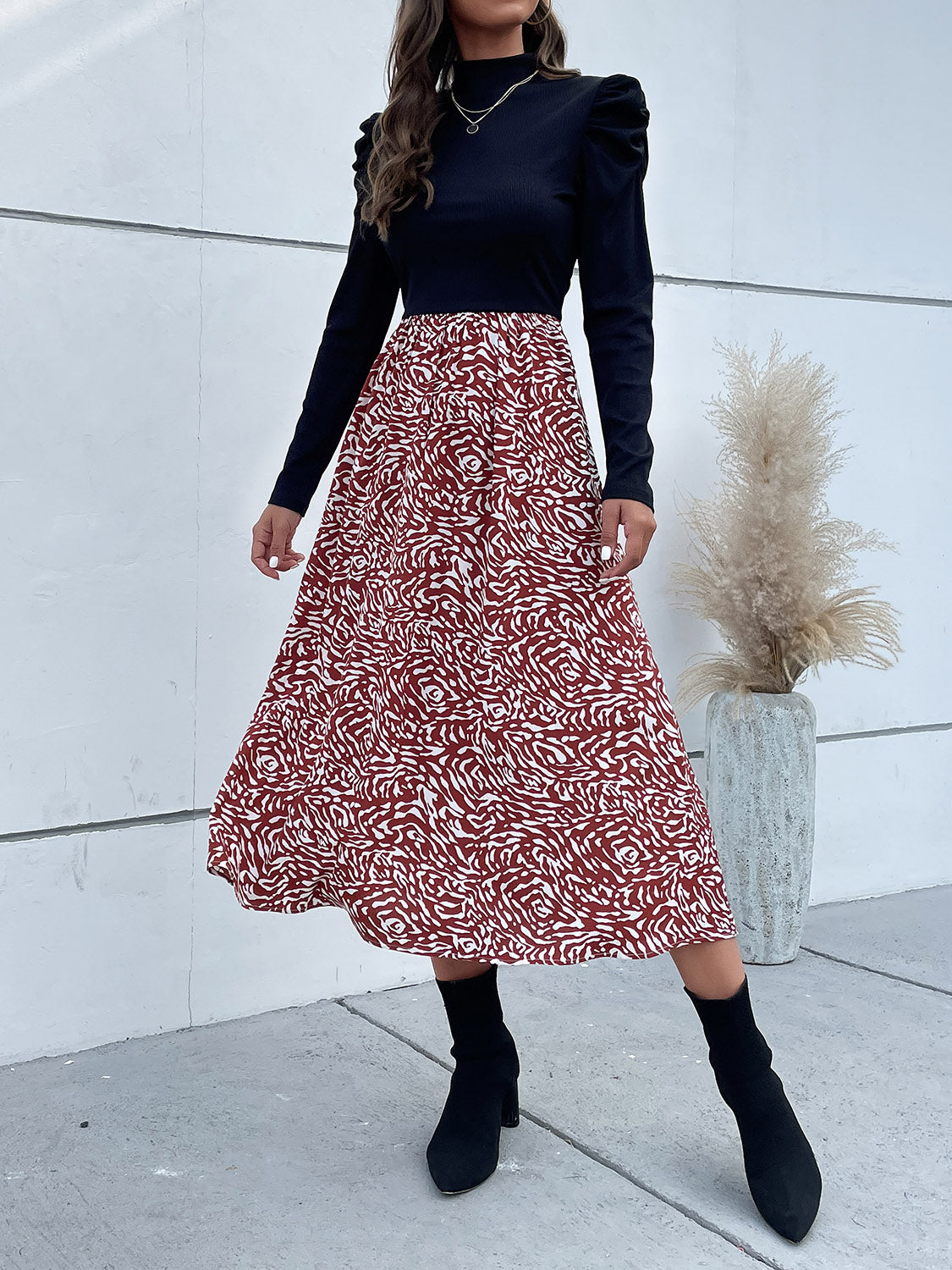 Printed Mock Neck Puff Sleeve Midi Dress Trendsi