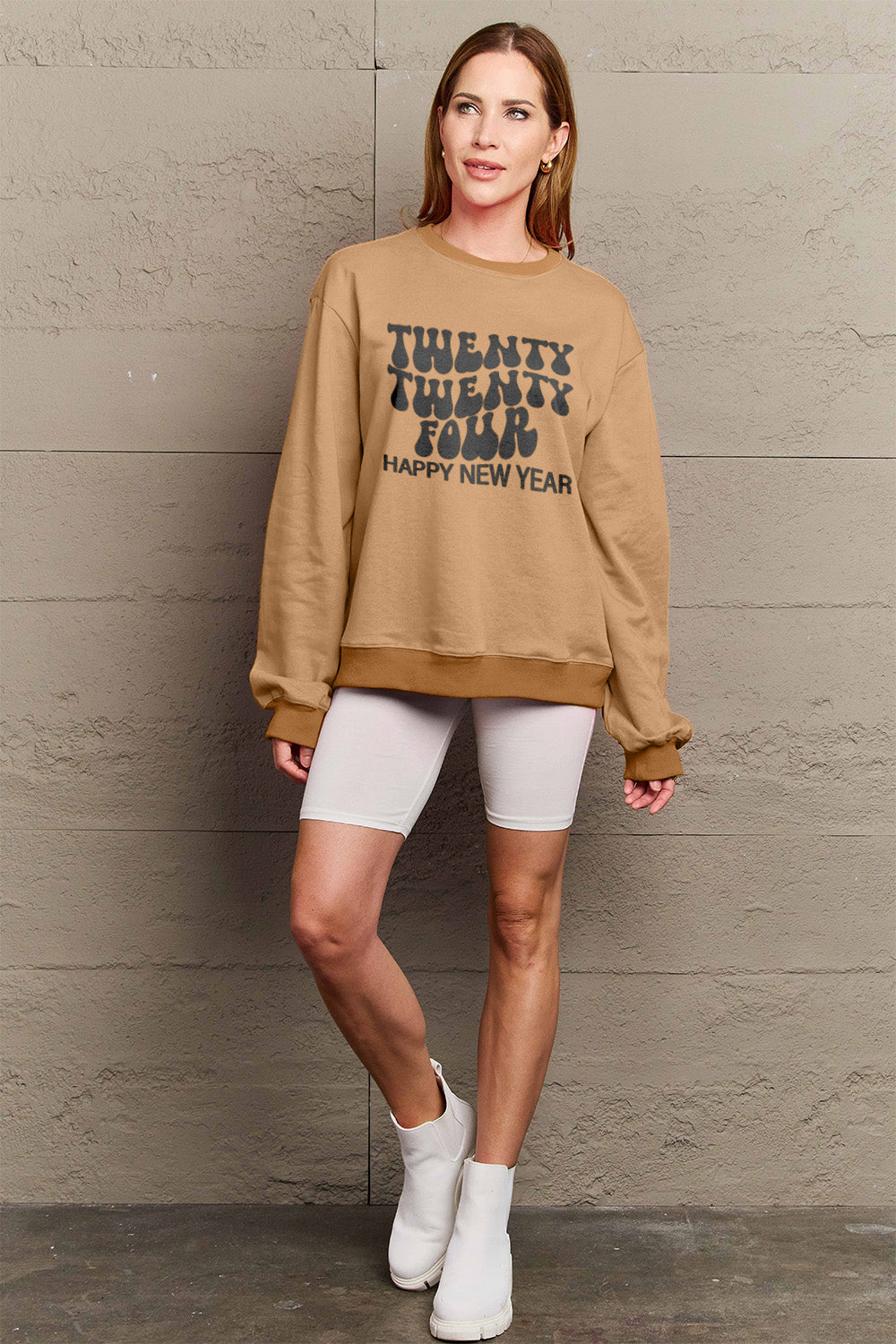 Simply Love Full Size TWENTY TWENTY FOUR HAPPY NEW YEAR Dropped Shoulder Sweatshirt Trendsi