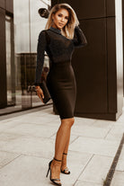 Rhinestone Mock Neck Long Sleeve Dress Trendsi