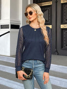 Waffle-Knit Round Neck Long Sleeve Blouse Trendsi