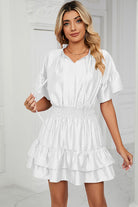 Smocked Tie Neck Flounce Sleeve Dress Trendsi