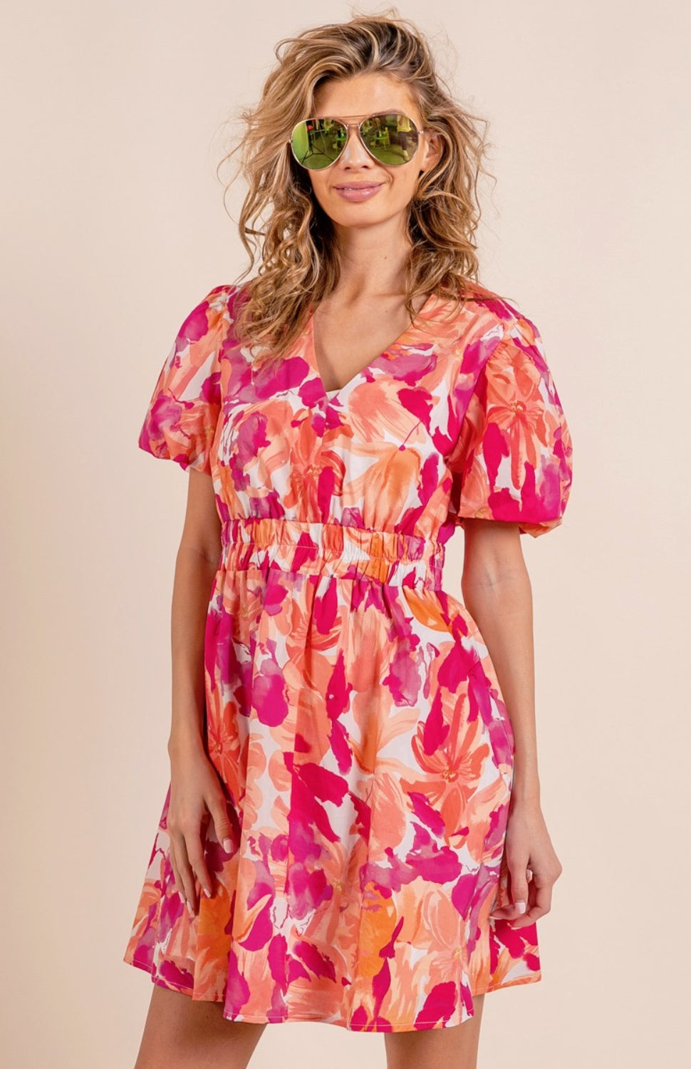 BiBi Floral V-Neck Puff Sleeve Mini Dress Trendsi