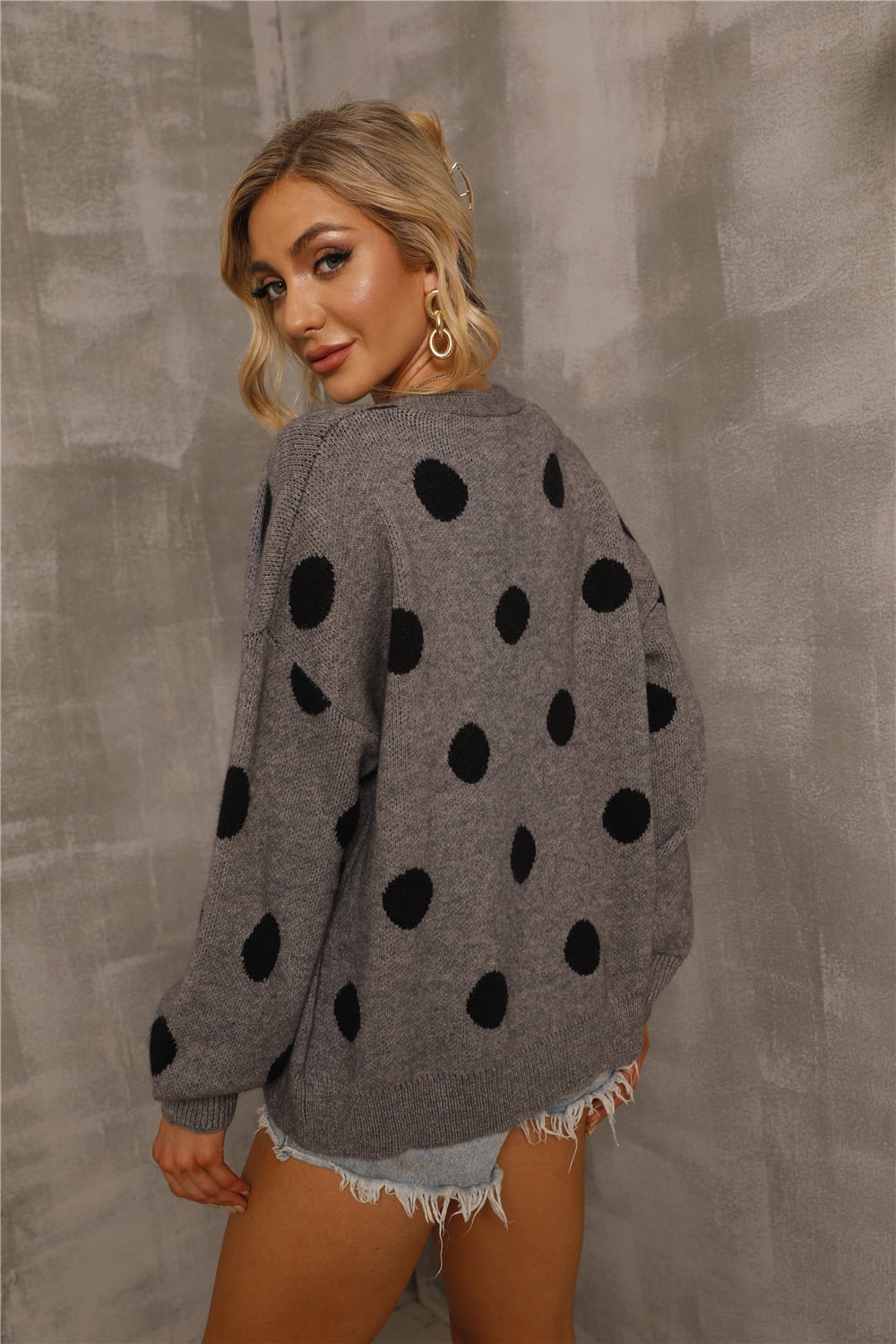 Dropped Shoulder Polka Dot Cardigan Trendsi