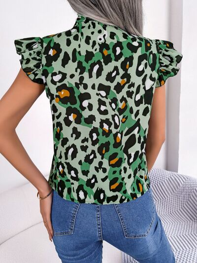 Leopard Tie Neck Cap Sleeve Blouse Trendsi