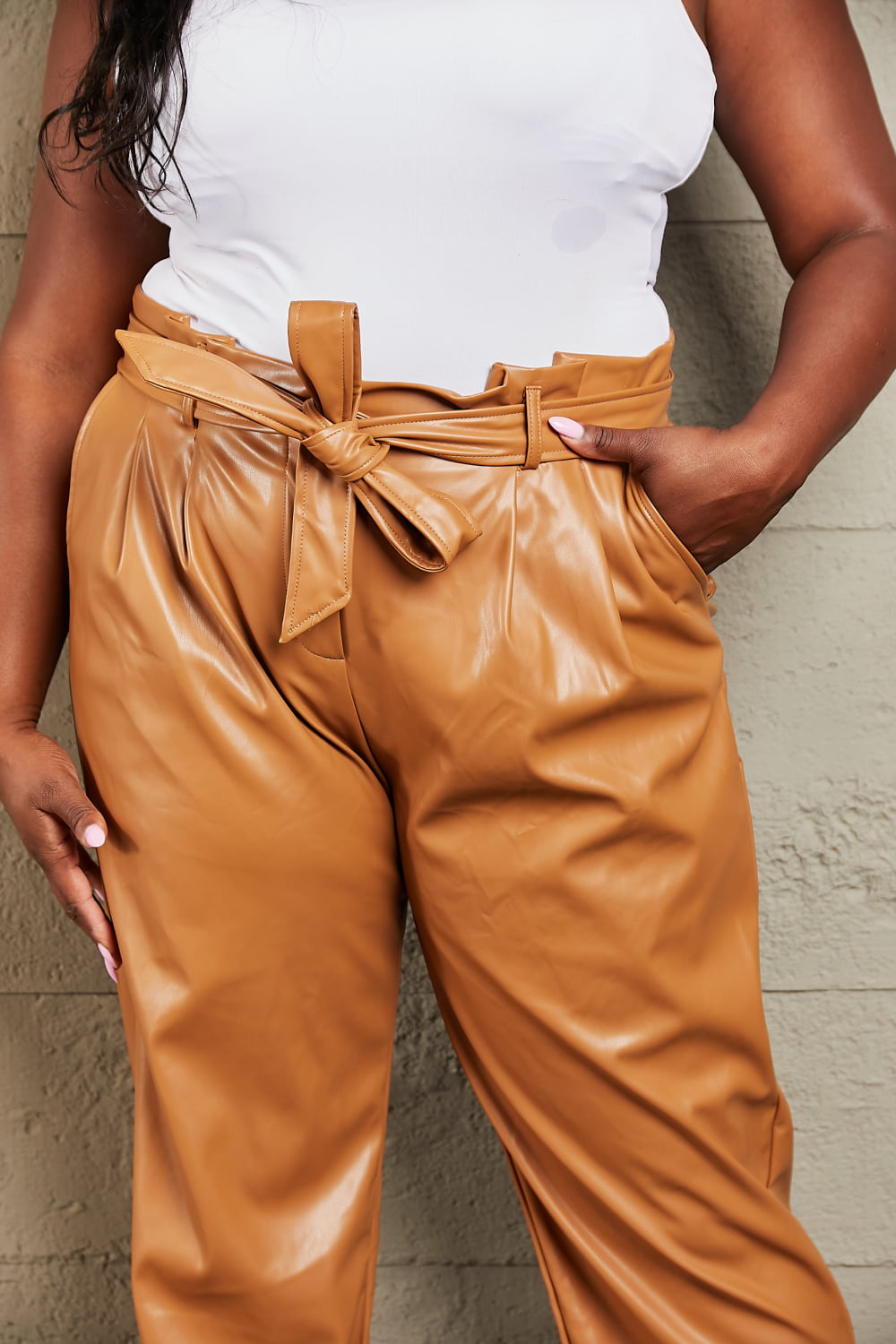 HEYSON Powerful You Full Size Faux Leather Paperbag Waist Pants Trendsi