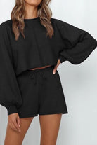 Round Neck Long Sleeve Top and Drawstring Shorts Lounge Set Trendsi