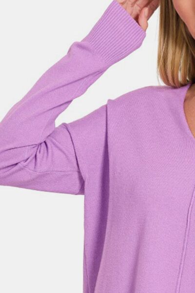 Zenana Slit V-Neck Dropped Shoulder Sweater Trendsi