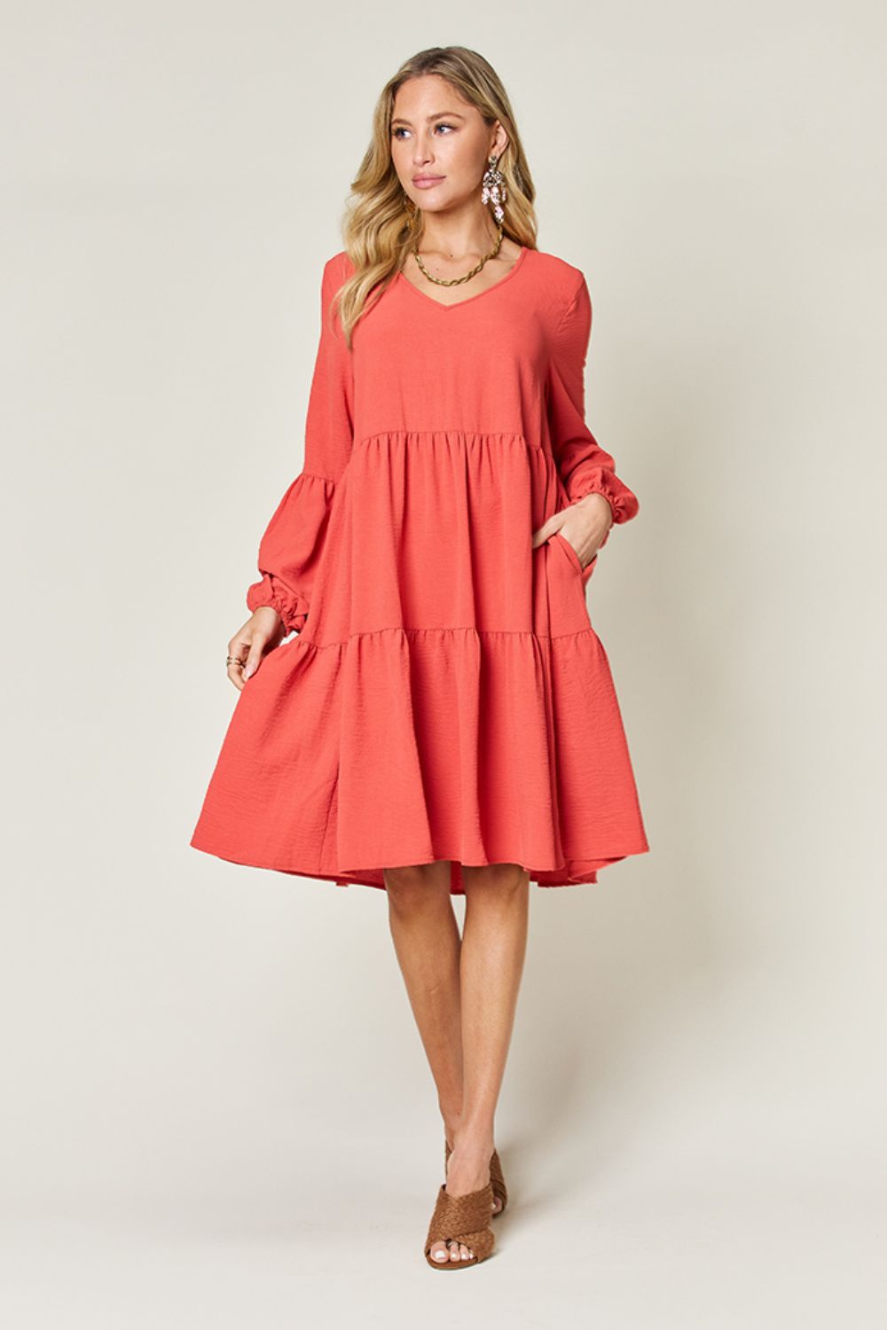 Double Take Full Size V-Neck Balloon Sleeve Tiered Dress Trendsi