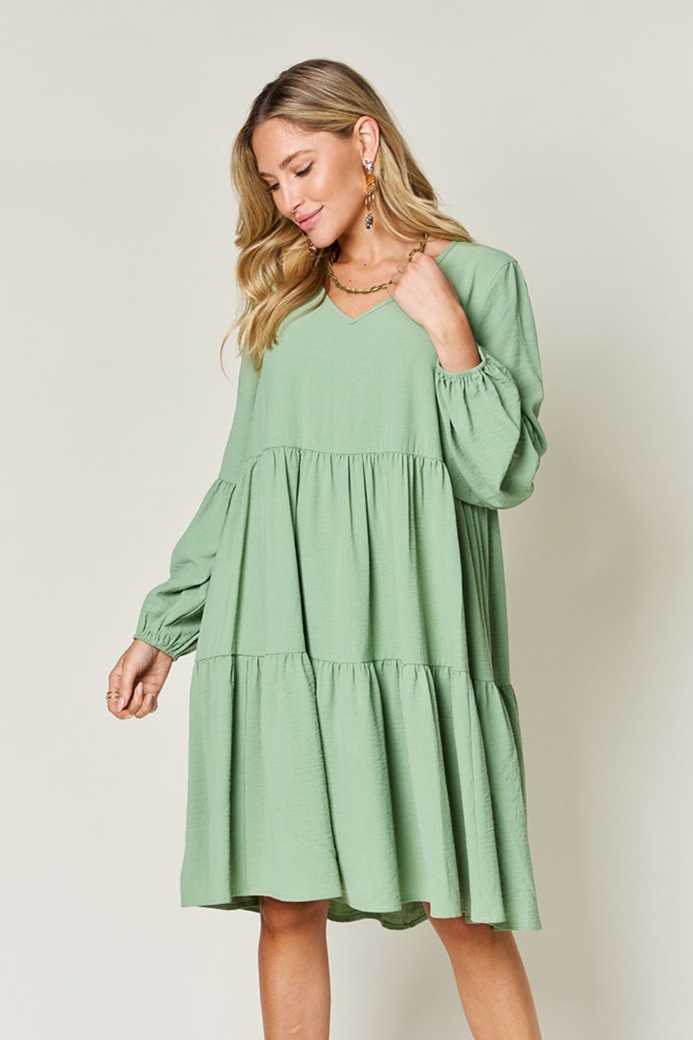 Double Take Full Size V-Neck Balloon Sleeve Tiered Dress Trendsi