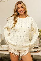 BiBi Pearl & Rhinestone Decor Long Sleeve Sweater Trendsi