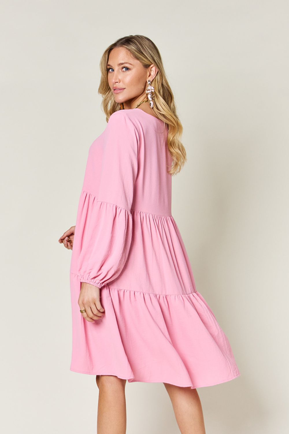 Double Take Full Size V-Neck Balloon Sleeve Tiered Dress Trendsi