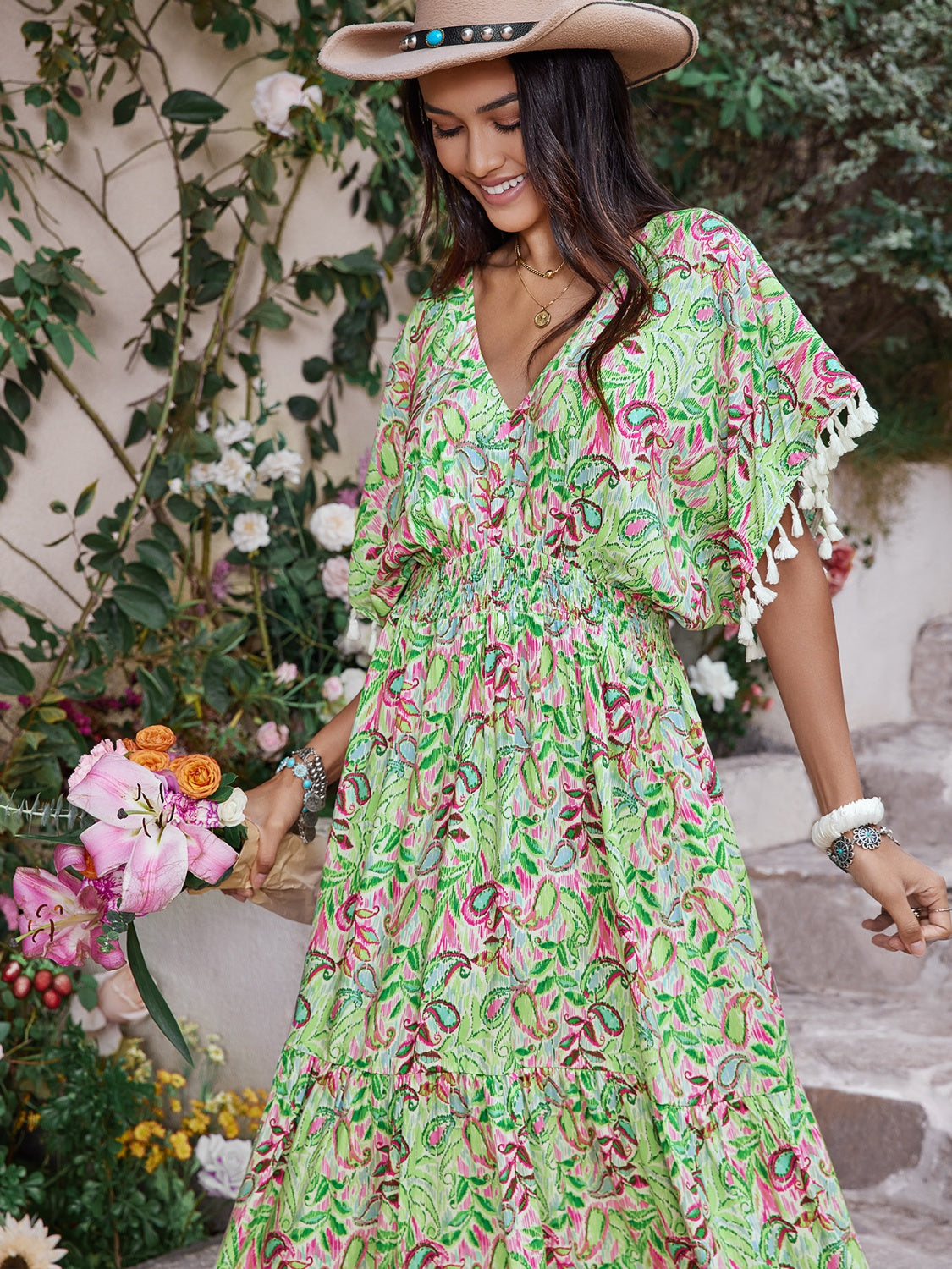 Smocked Floral V-Neck Short Sleeve Dress Trendsi