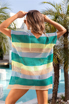 Openwork Striped V-Neck Short Sleeve Cover Up Trendsi