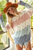 BiBi Color Block Openwork Long Sleeve Sweater Trendsi