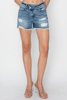 RISEN Stepped Waist Frayed Denim Shorts Trendsi