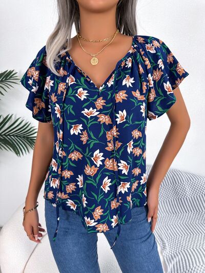 Floral Tie Neck Flutter Sleeve Blouse Trendsi