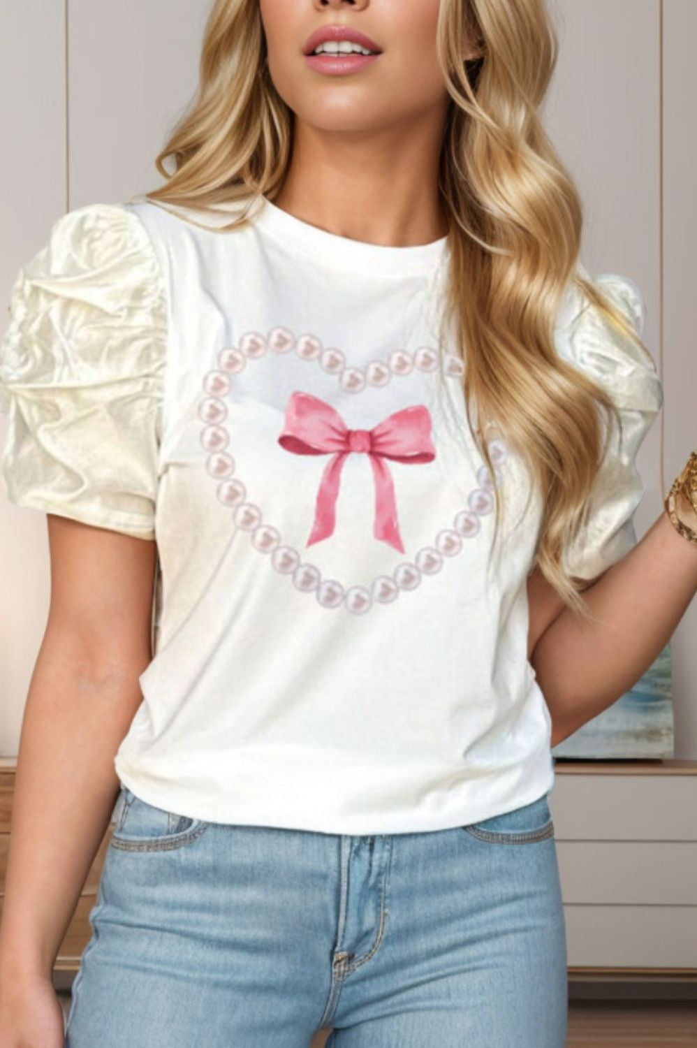 Bow Graphic Round Neck Short Sleeve Blouse Trendsi