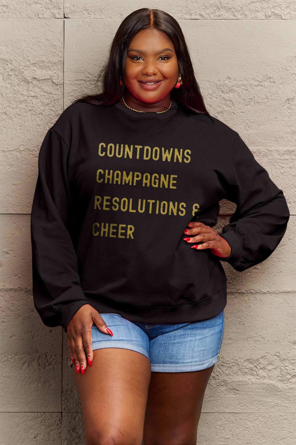 Simply Love Full Size COUNTDOWNS CHAMPAGNE RESOLUTIONS & CHEER Round Neck Sweatshirt Trendsi