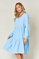 Double Take Full Size V-Neck Balloon Sleeve Tiered Dress Trendsi