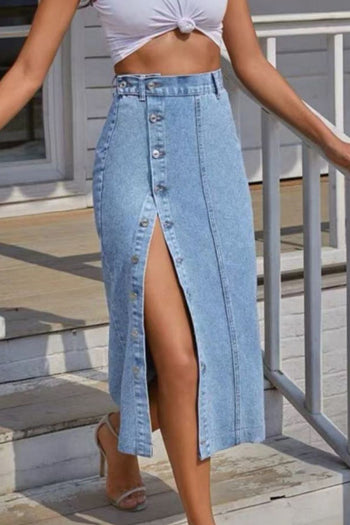 Button Fly Split Denim Skirt Trendsi