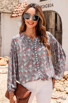 Printed Notched Balloon Sleeve Blouse Trendsi