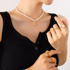 Pearl Titanium Steel Moon Shape Pendant Necklace Trendsi