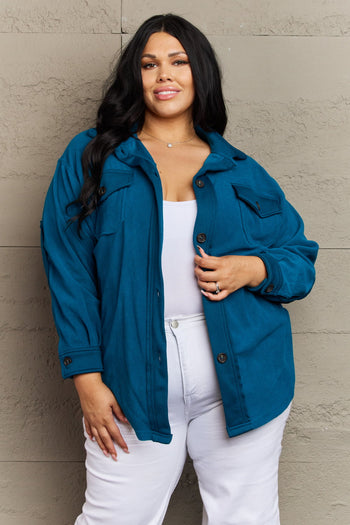 Zenana Cozy in the Cabin Full Size Fleece Elbow Patch Shacket in Teal Trendsi