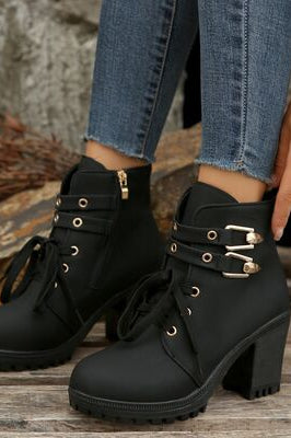 PU Leather Round Toe Block Heel Boots Trendsi