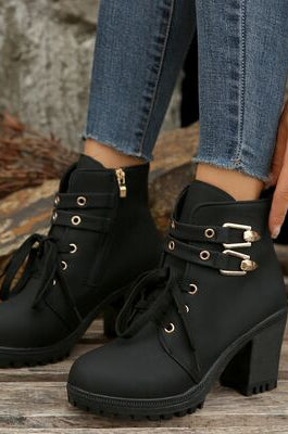 PU Leather Round Toe Block Heel Boots Trendsi