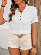 Eyelet V-Neck Short Sleeve Top Trendsi