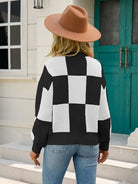 Checkered Round Neck Dropped Shoulder Sweater Trendsi