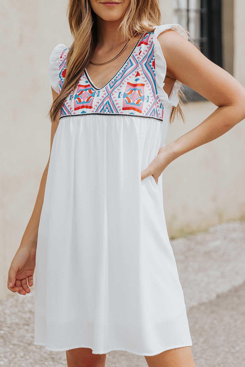 Ruffled Geometric V-Neck Sleeveless Dress Trendsi