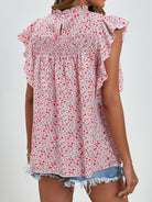 Ruffled Ditsy Floral Mock Neck Cap Sleeve Blouse Trendsi