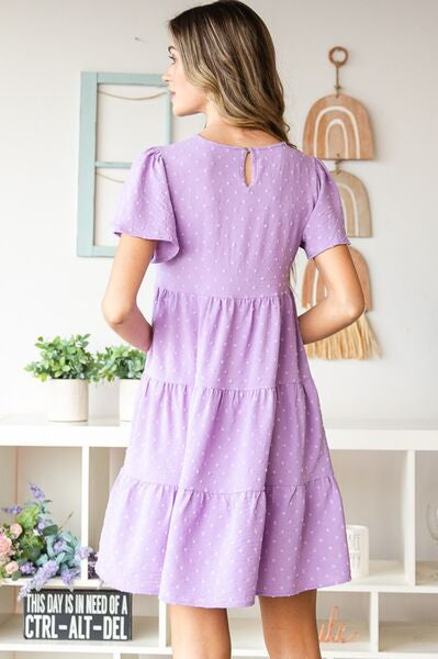 Heimish Full Size Swiss Dot Short Sleeve Tiered Dress Trendsi