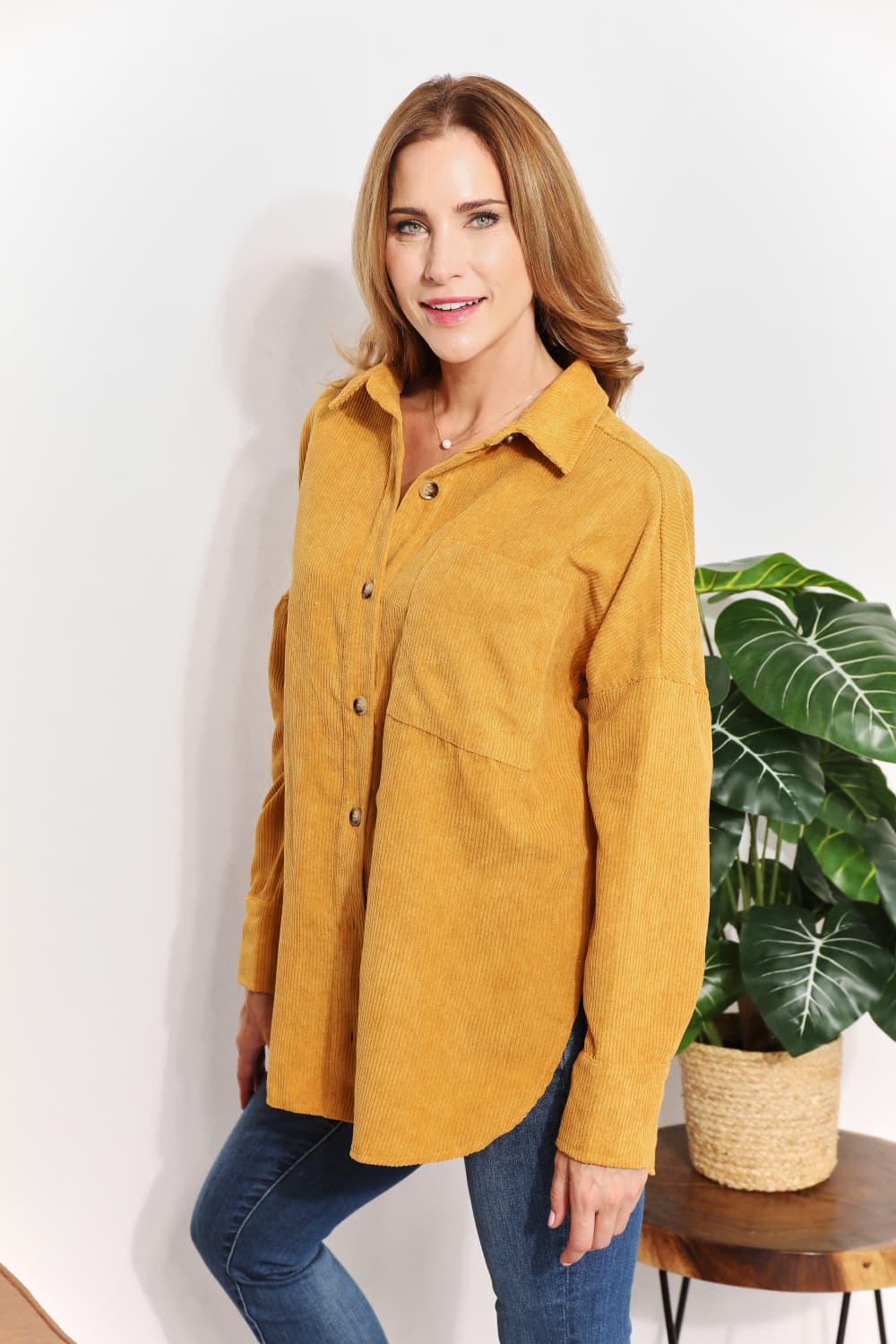 HEYSON Full Size Oversized Corduroy  Button-Down Tunic Shirt with Bust Pocket Trendsi