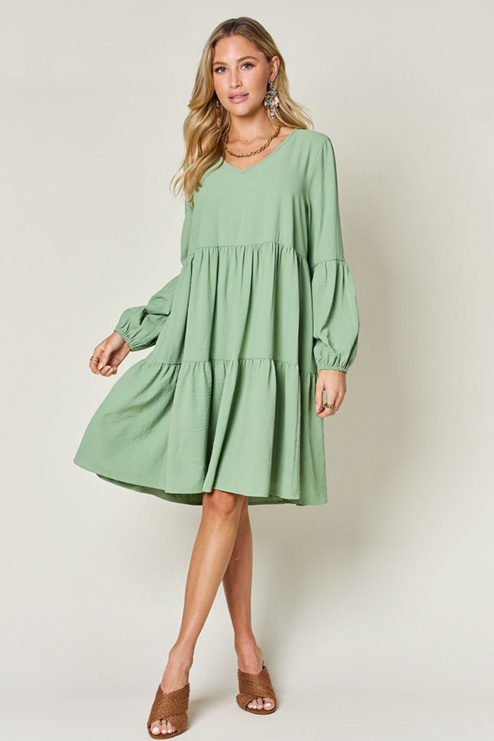 Double Take Full Size V-Neck Balloon Sleeve Tiered Dress Trendsi