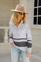 Two-Tone Long Sleeve Zip-Up Knit Top Trendsi