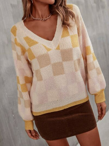 Checkered V-Neck Lantern Sleeve Sweater Trendsi