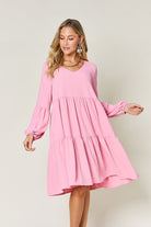 Double Take Full Size V-Neck Balloon Sleeve Tiered Dress Trendsi