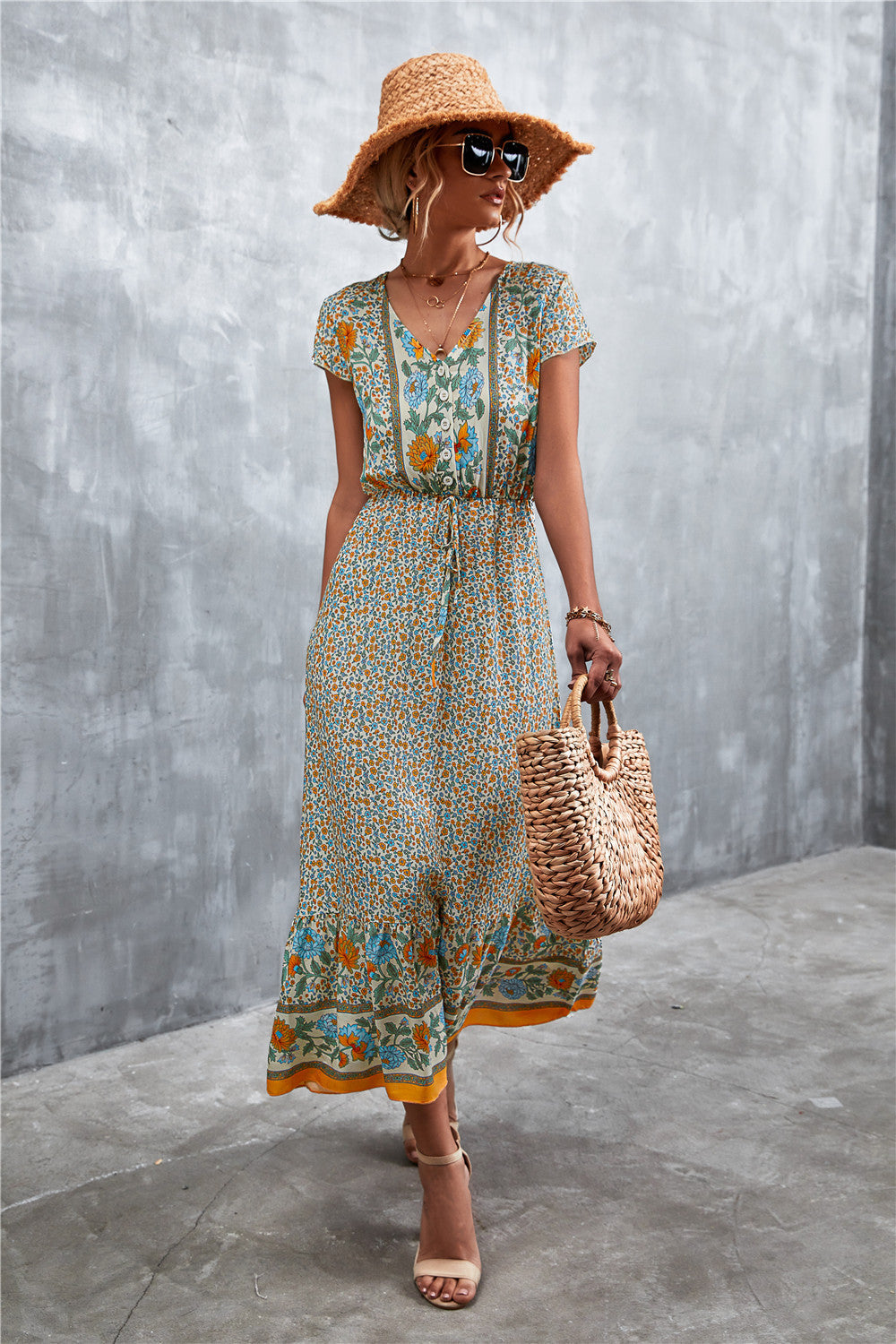 V-Neck Short Sleeve Printed Maxi Dress Trendsi