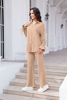 Drawstring Flounce Sleeve Shirt and Pants Set Trendsi